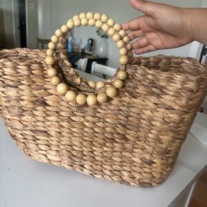 Boho Woven Straw Tote Bag with Beaded Handles